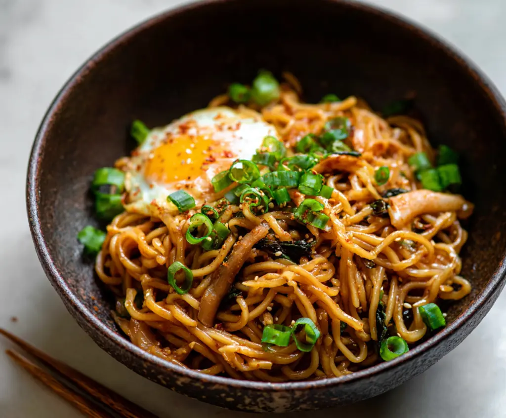 Delicious Korean Garlic Noodles garnished with chopped green onions and sesame seeds.