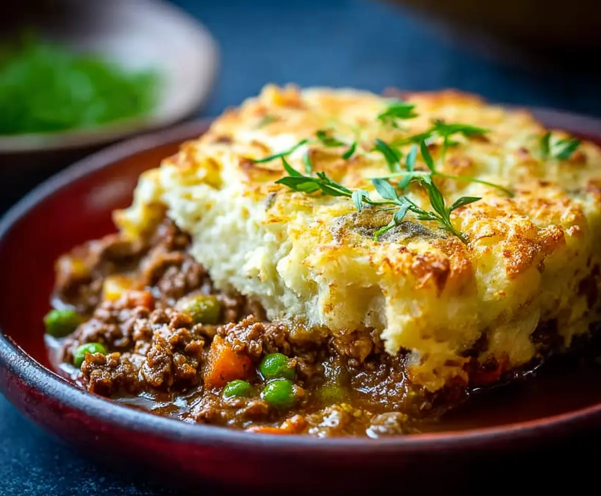 Delicious Lamb Shepherd's Pie with savory mashed potato topping and tender lamb filling served in a rustic dish.