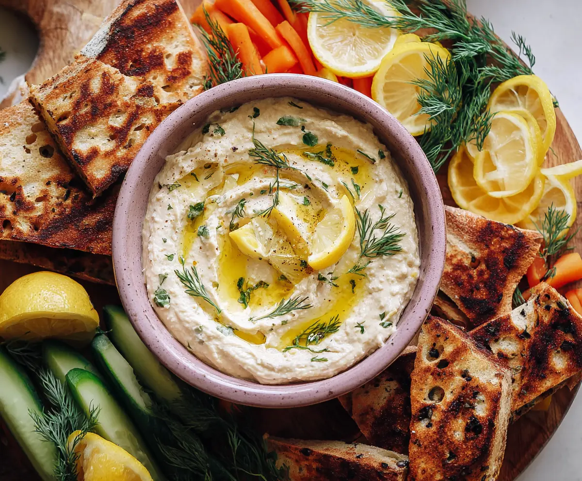 Creamy Lemon and Herb White Bean Dip served with fresh vegetables and pita bread