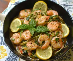 Delicious lemon basil shrimp served on a plate, garnished with fresh herbs for a flavorful seafood dish.