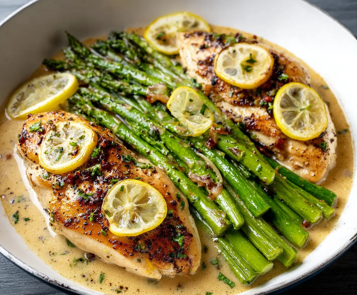 Delicious lemon chicken with fresh asparagus on a white plate, perfect for a healthy meal.