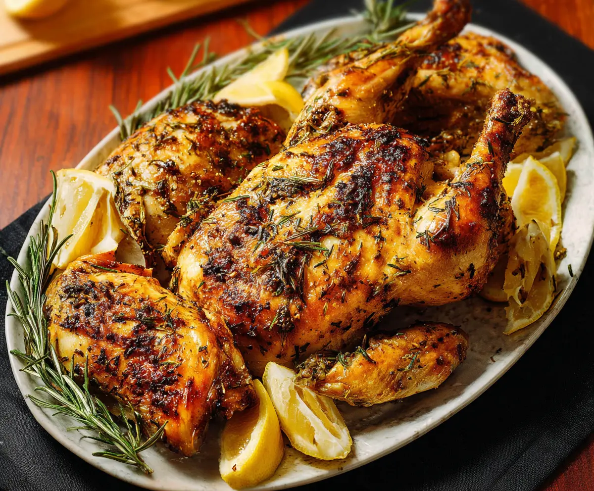 Juicy Lemon Herb Roasted Chicken fresh out of the oven, garnished with lemon slices and herbs