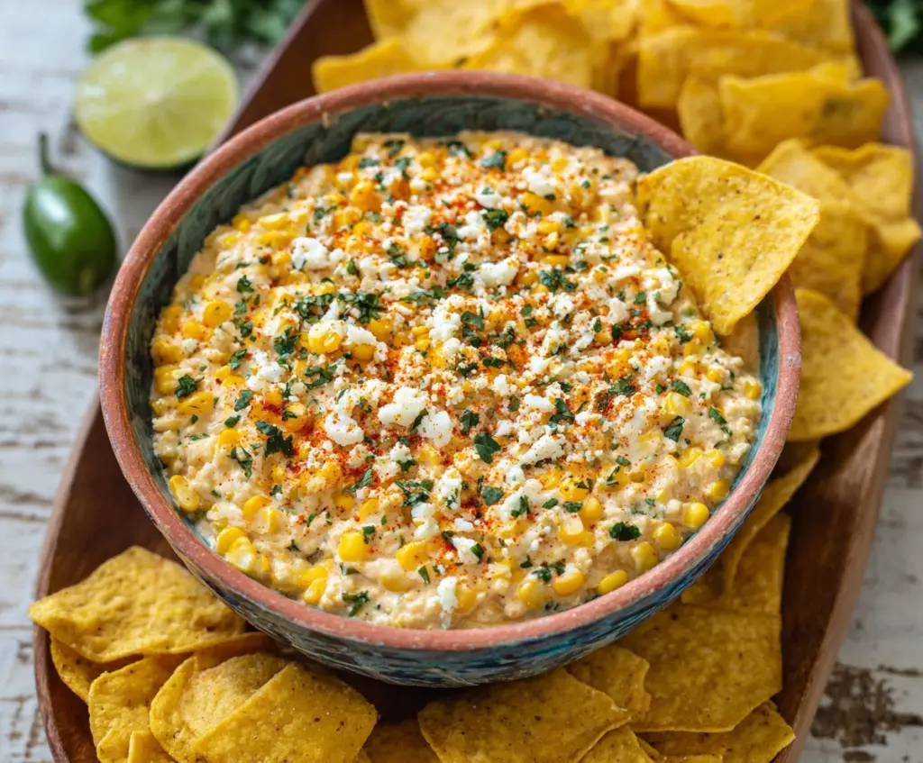 Delicious Mexican Corn Dip served in a bowl with fresh toppings, perfect for party appetizers.