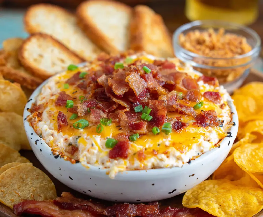 Creamy Million Dollar Dip with crispy bacon and melted cheese served in a bowl.