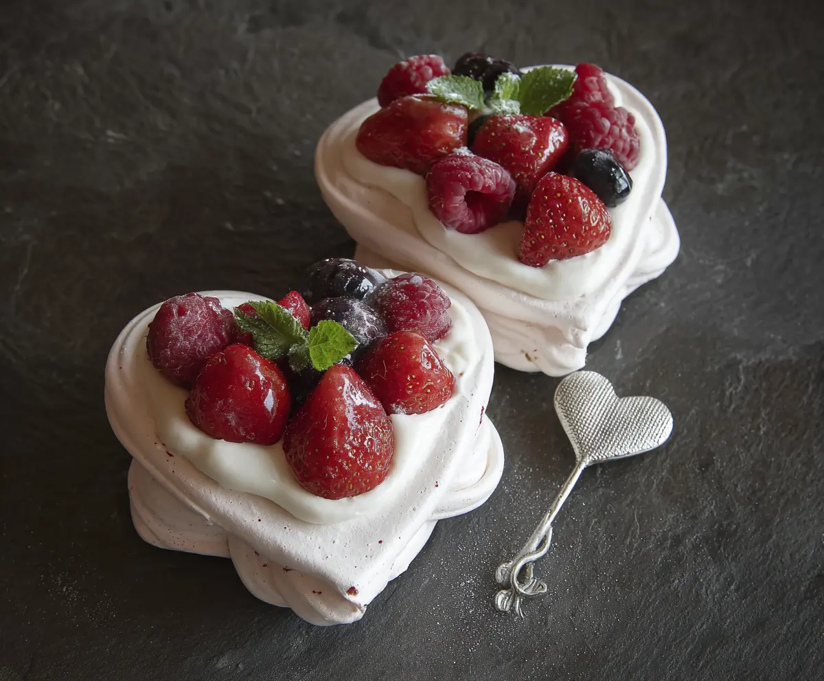 Delicious Mini Heart Pavlovas topped with fresh berries and whipped cream on a white plate.