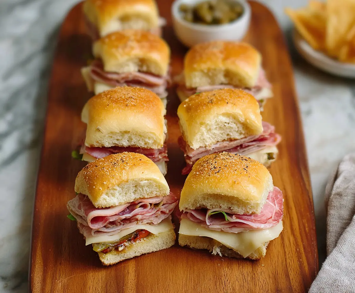 Delicious Muffuletta Sliders with layers of Italian meats, cheeses, and olive salad on mini buns.