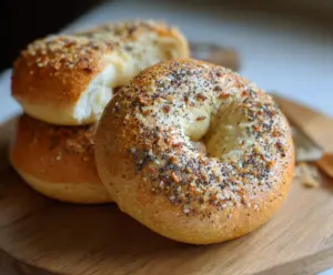 Close-up of freshly baked New York Style sourdough discard bagels on a wooden surface