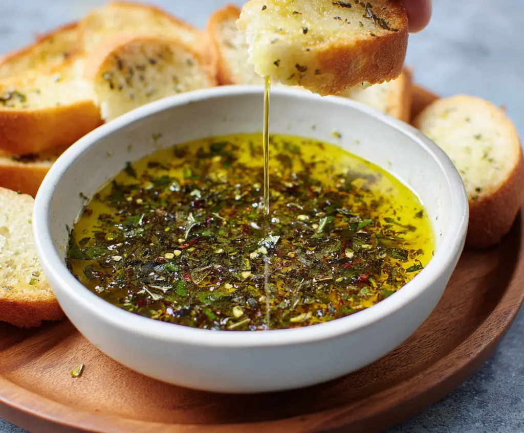 Delicious olive oil bread dip served in a rustic bowl with fresh herbs and bread slices.