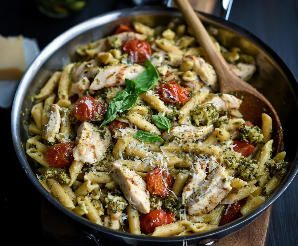 Delicious One Pan Pesto Chicken Pasta with fresh basil and melted cheese in a skillet.