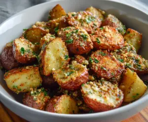 Creamy Parmesan garlic butter coated red potatoes topped with fresh herbs.