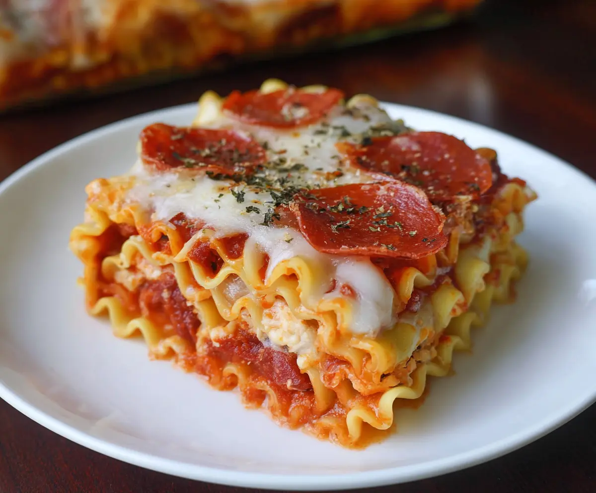 Delicious Pepperoni Pizza Lasagna Roll Ups with gooey cheese and crispy edges on a plate.