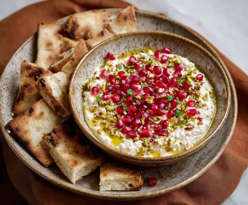 Creamy Pomegranate Pistachio Feta Dip served with fresh vegetables and pita chips.