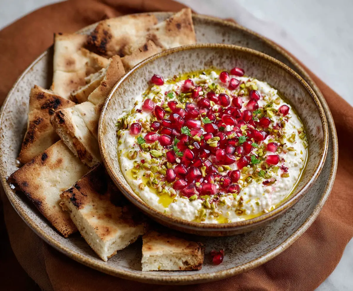 Creamy Pomegranate Pistachio Feta Dip served with fresh vegetables and pita chips.