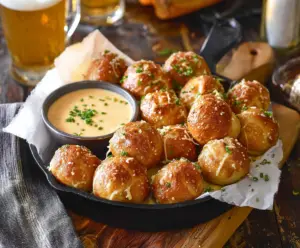 Delicious pretzel bites served with creamy beer cheese dip, perfect for snacks and parties.