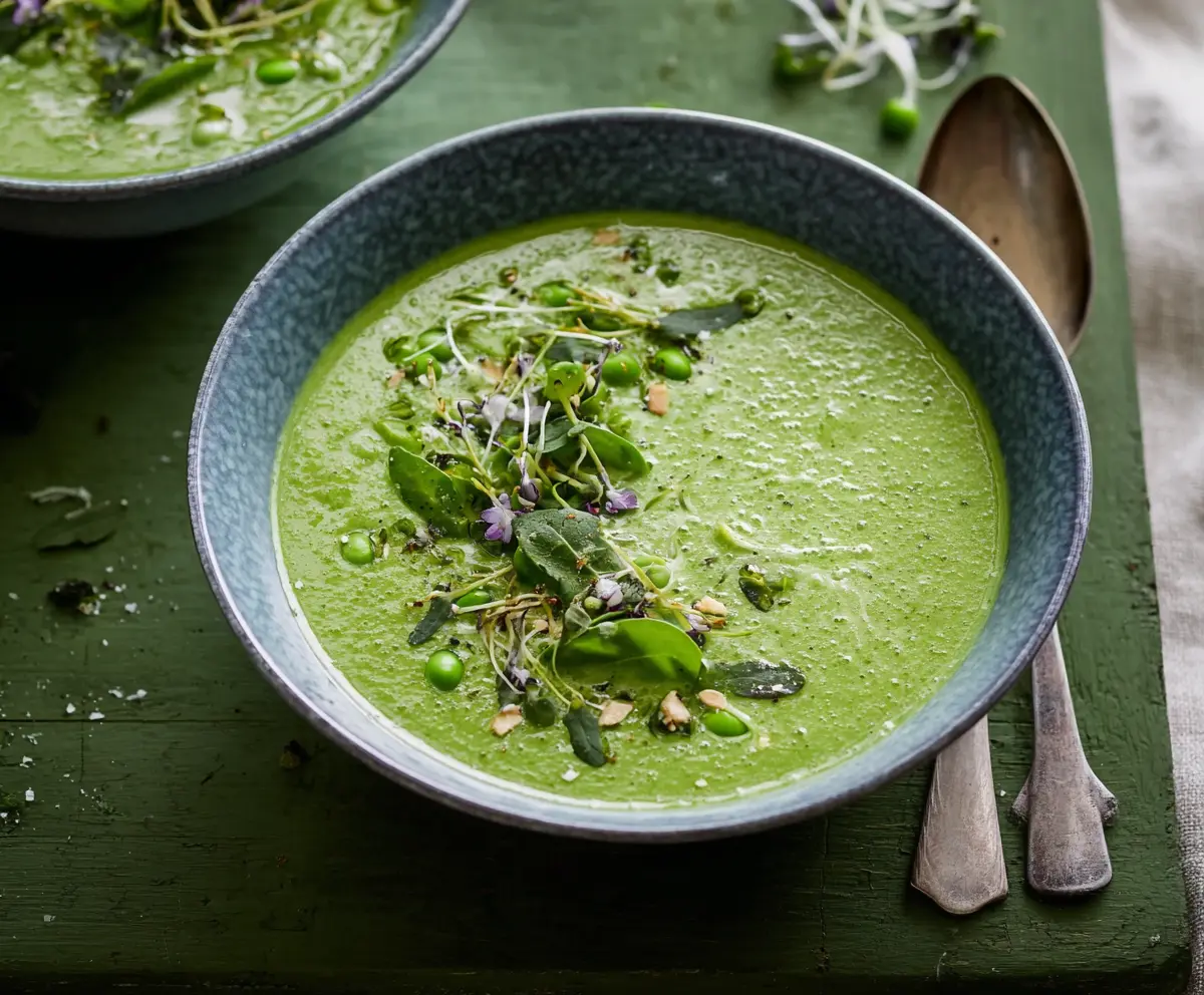 Fresh Primavera Spring Green Soup in a bowl with vibrant vegetables and herbs.