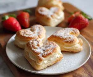 Delicious puff pastry hearts filled with sweet or savory ingredients on a rustic wooden table.