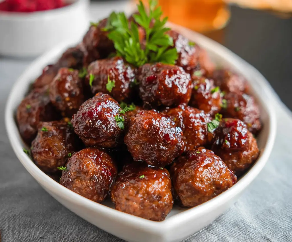Juicy raspberry chipotle meatballs served on a white plate with fresh herbs