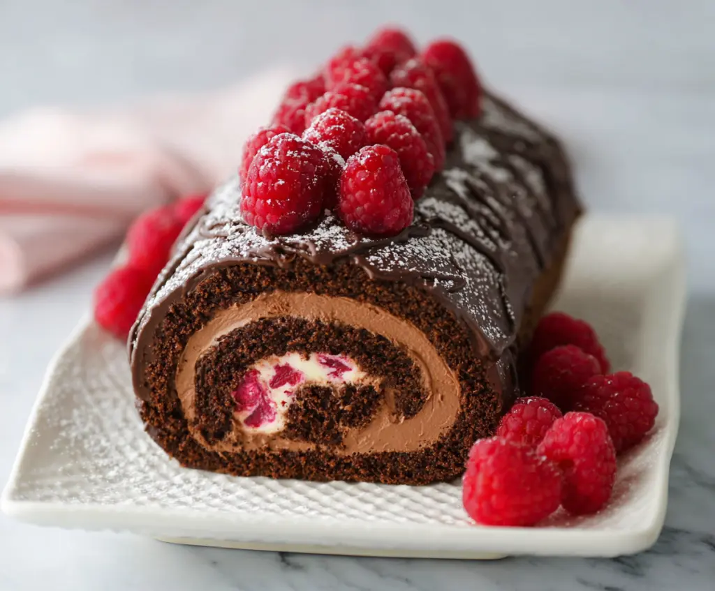 Delicious Raspberry Chocolate Swiss Roll with fresh berries and rich chocolate swirl.
