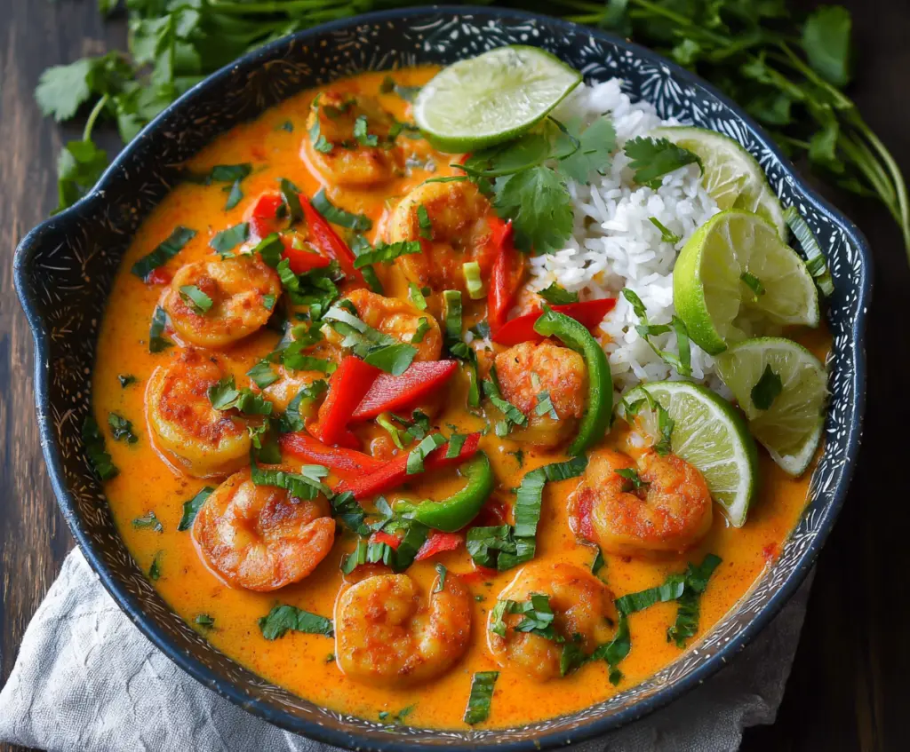 Delicious Red Thai Coconut Shrimp Curry served in a bowl, garnished with fresh herbs and lime.