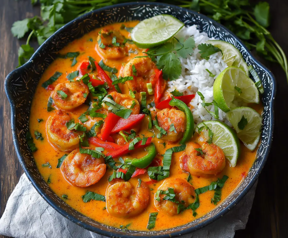 Delicious Red Thai Coconut Shrimp Curry served in a bowl, garnished with fresh herbs and lime.