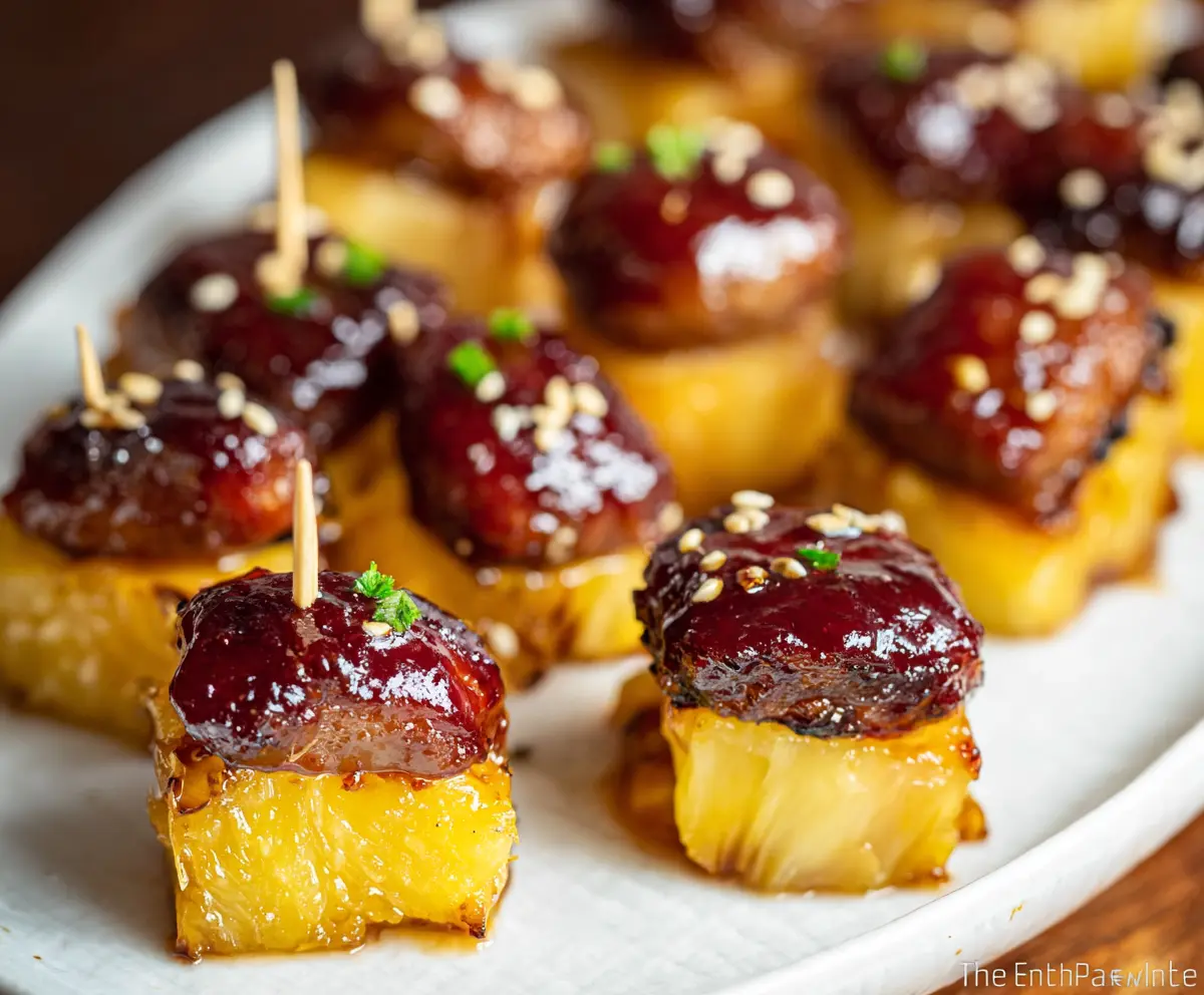 Delicious sausage pineapple bites served on a platter, perfect for appetizer or party snack.
