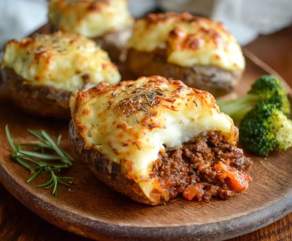 Delicious Shepherd's Pie Baked Potatoes with savory meat and mashed potato topping