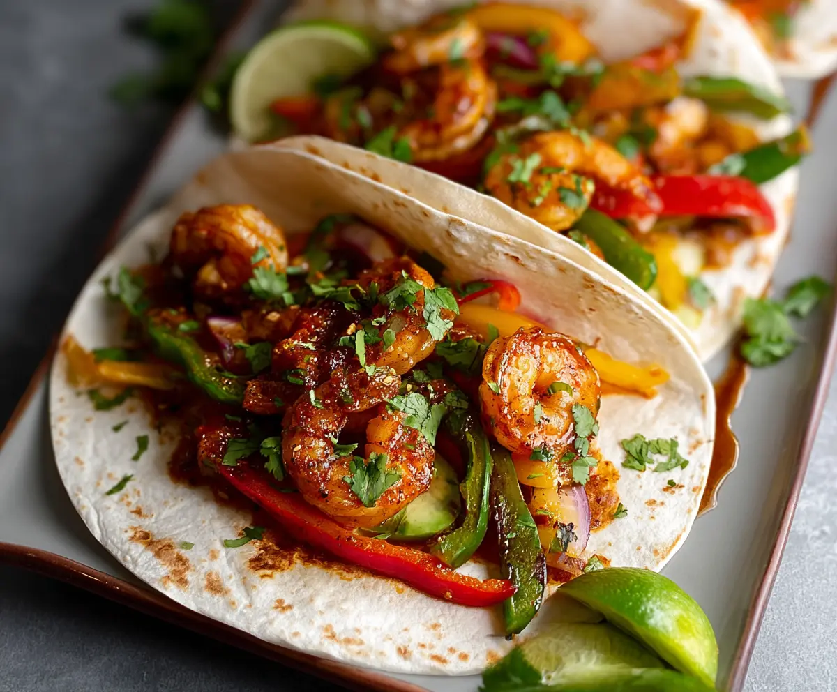 Delicious shrimp fajitas with colorful bell peppers and sautéed shrimp on a plate.