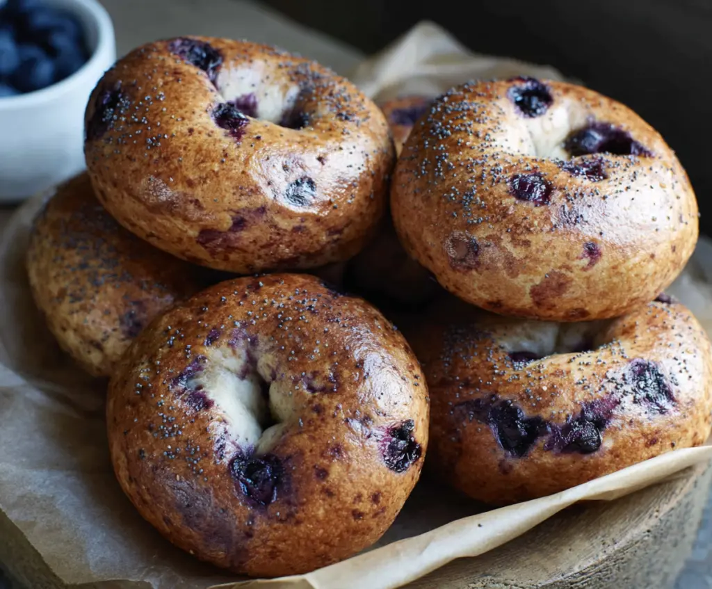 Delicious homemade sourdough blueberry bagels on a rustic wooden table
