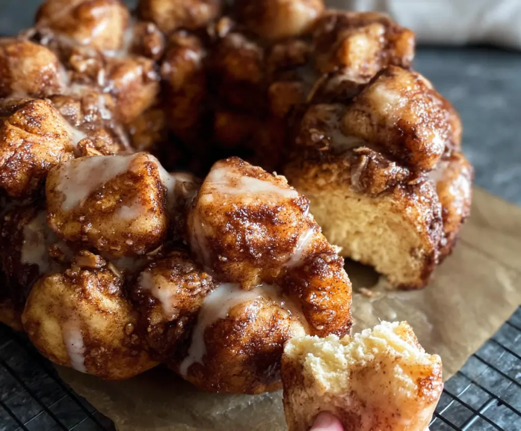 Delicious sourdough discard monkey bread pulled apart, showcasing its golden, sticky layers.