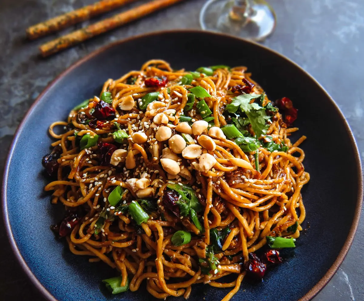 Delicious spicy sesame noodles garnished with chopped green onions and sesame seeds, perfect for a flavorful Asian-inspired meal.
