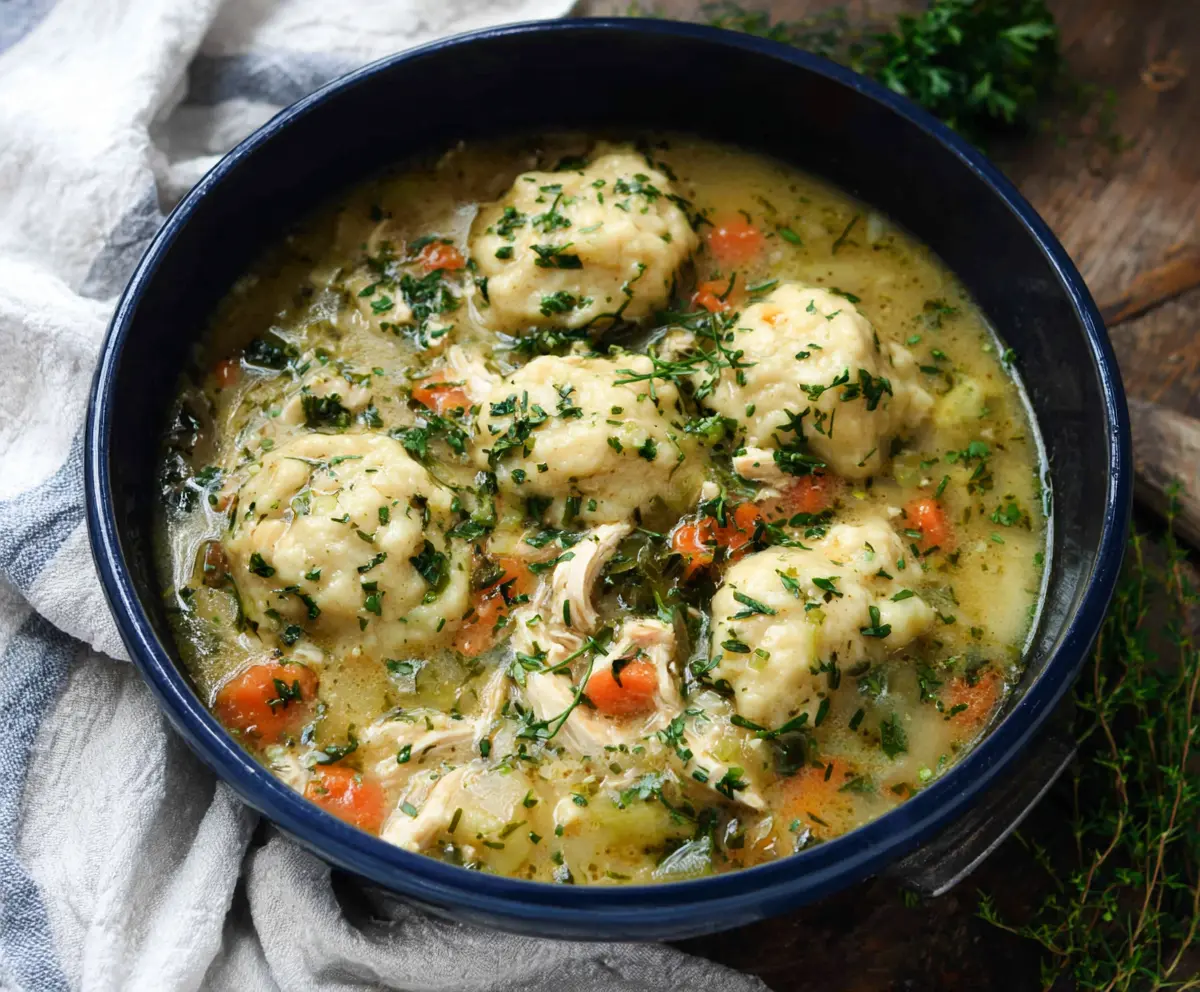 Bowl of spring chicken and dumpling soup garnished with fresh herbs, showcasing a hearty and flavorful comfort meal.
