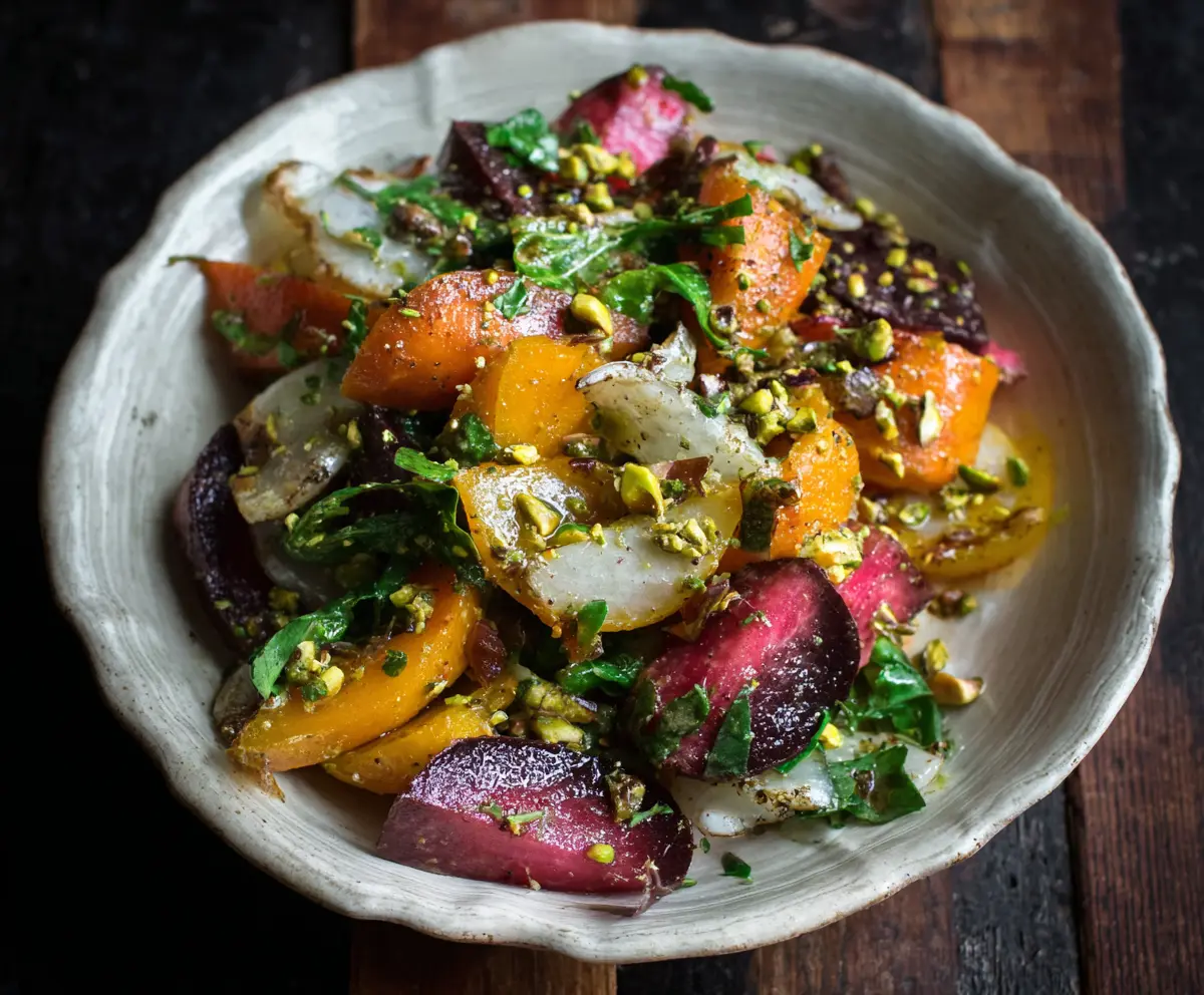 Fresh spring root vegetable salad topped with colorful microgreens and walnuts, drizzled with pistachio vinaigrette.