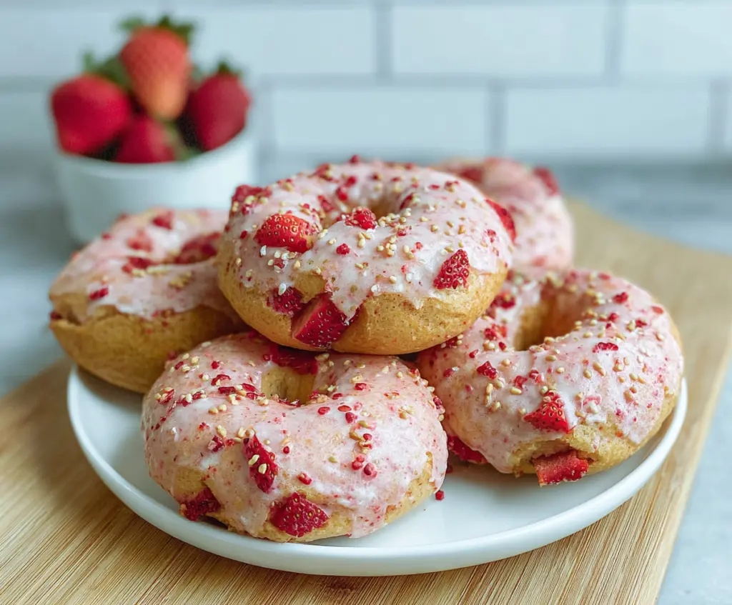 Freshly made strawberry bagels with vibrant red strawberries and a golden crust on a wooden surface.