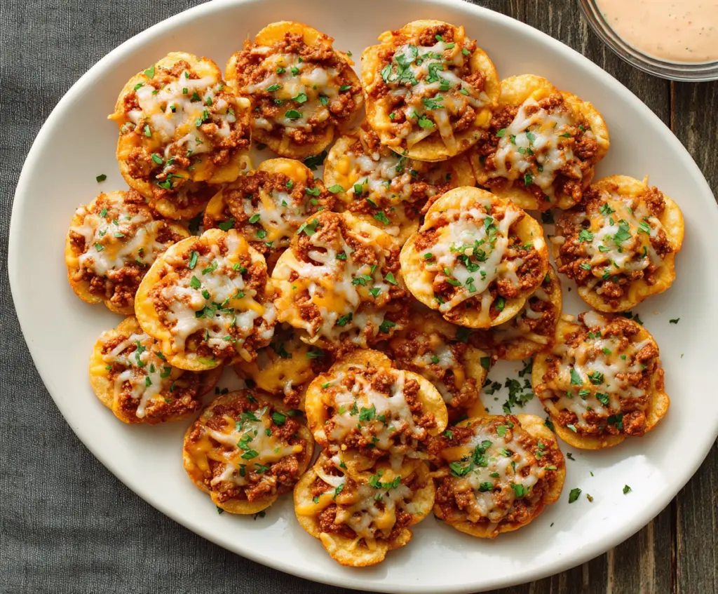 Delicious Taco Ranch Bites with crispy tortillas, seasoned beef, and fresh toppings ready to serve.