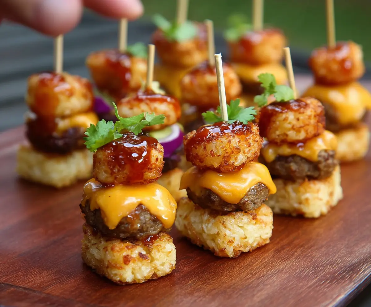 Delicious Tater Tot Mini Cheeseburger Bites served on a plate with fresh toppings.
