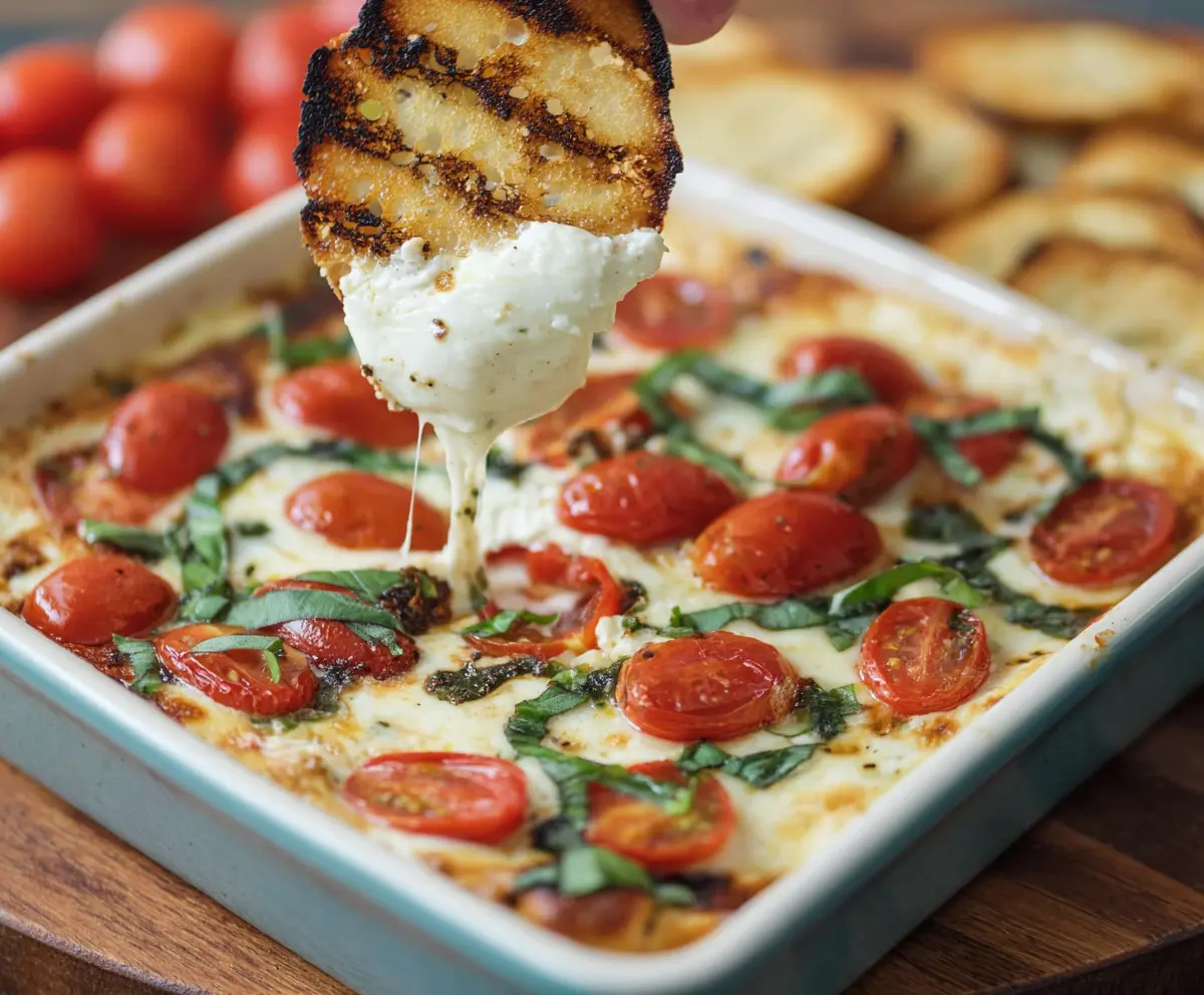 Creamy Tomato Mozzarella Caprese Dip garnished with fresh basil leaves, perfect for appetizers