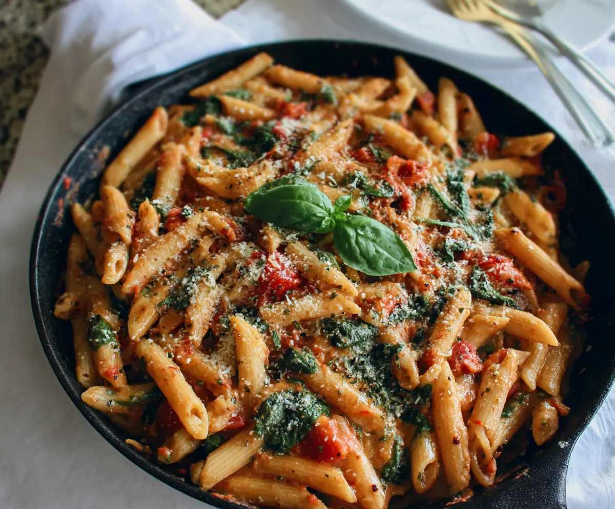 Delicious tomato and spinach pasta dish ready to serve