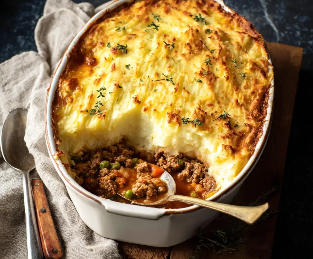 Delicious homemade Turkey Shepherd's Pie with mashed potato topping and savory ground turkey filling.