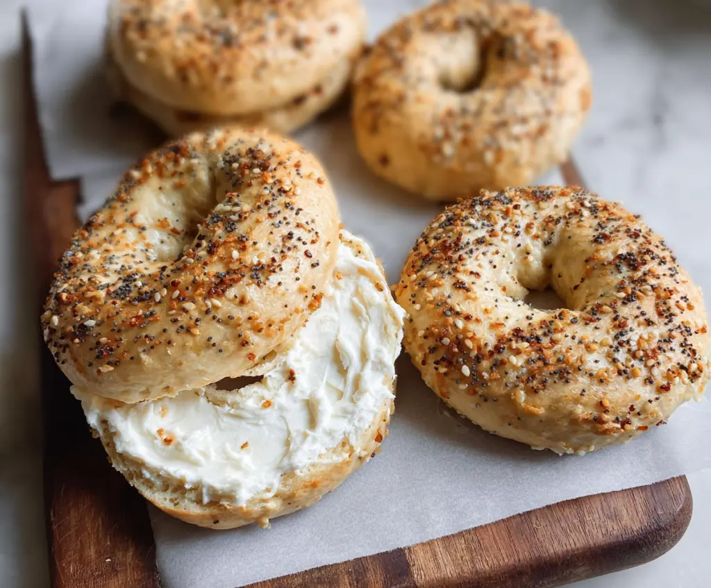 Delicious vanilla Greek yogurt bagels on a plate, perfect for breakfast or snack time.