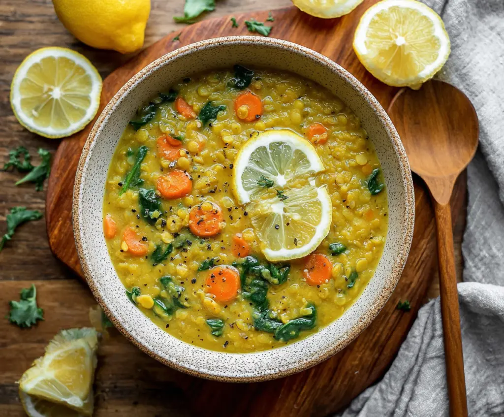 A bowl of vegan lemon lentil soup with turmeric garnished with fresh herbs.