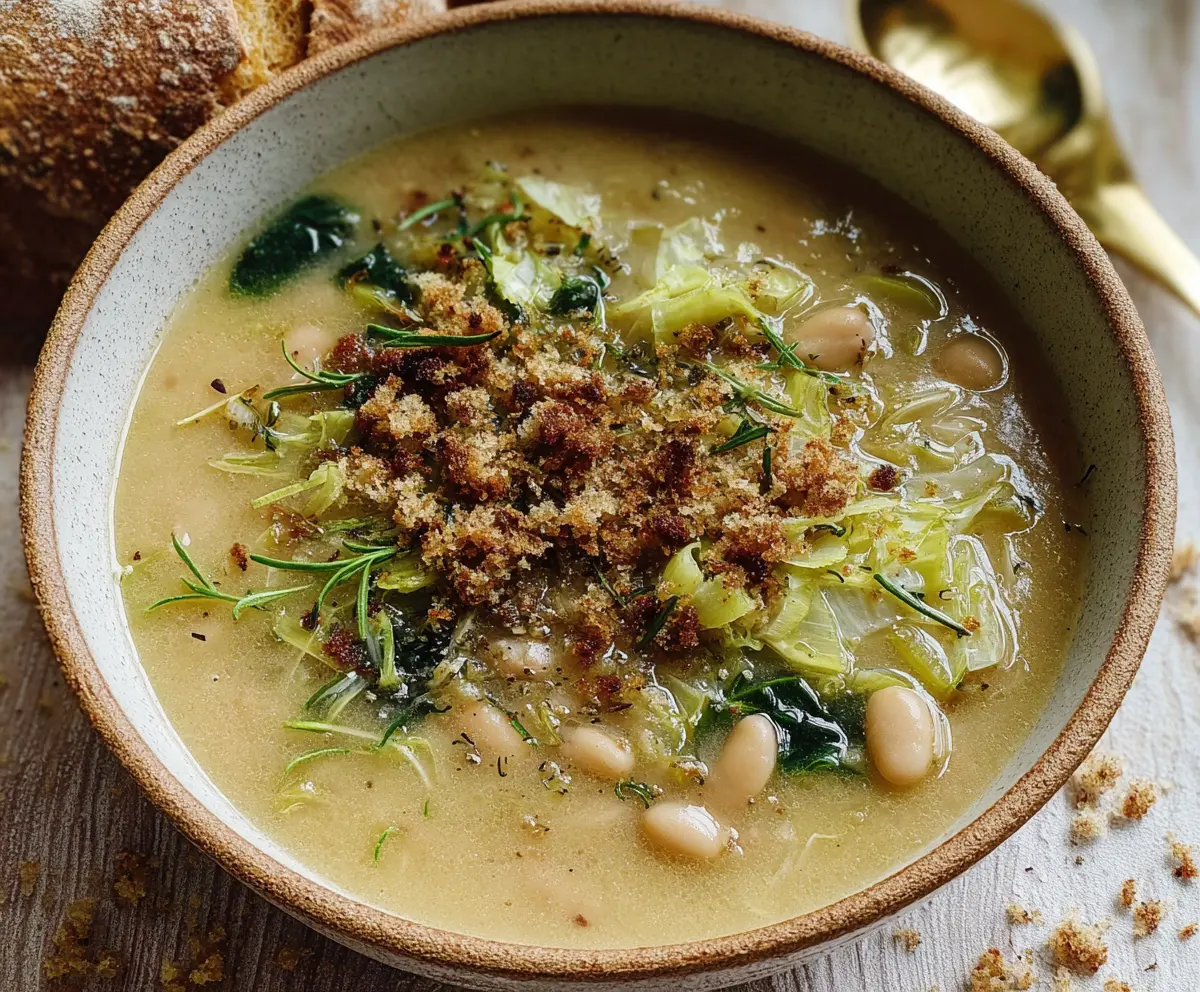 Creamy white bean and leek soup topped with crispy garlic breadcrumbs in a bowl
