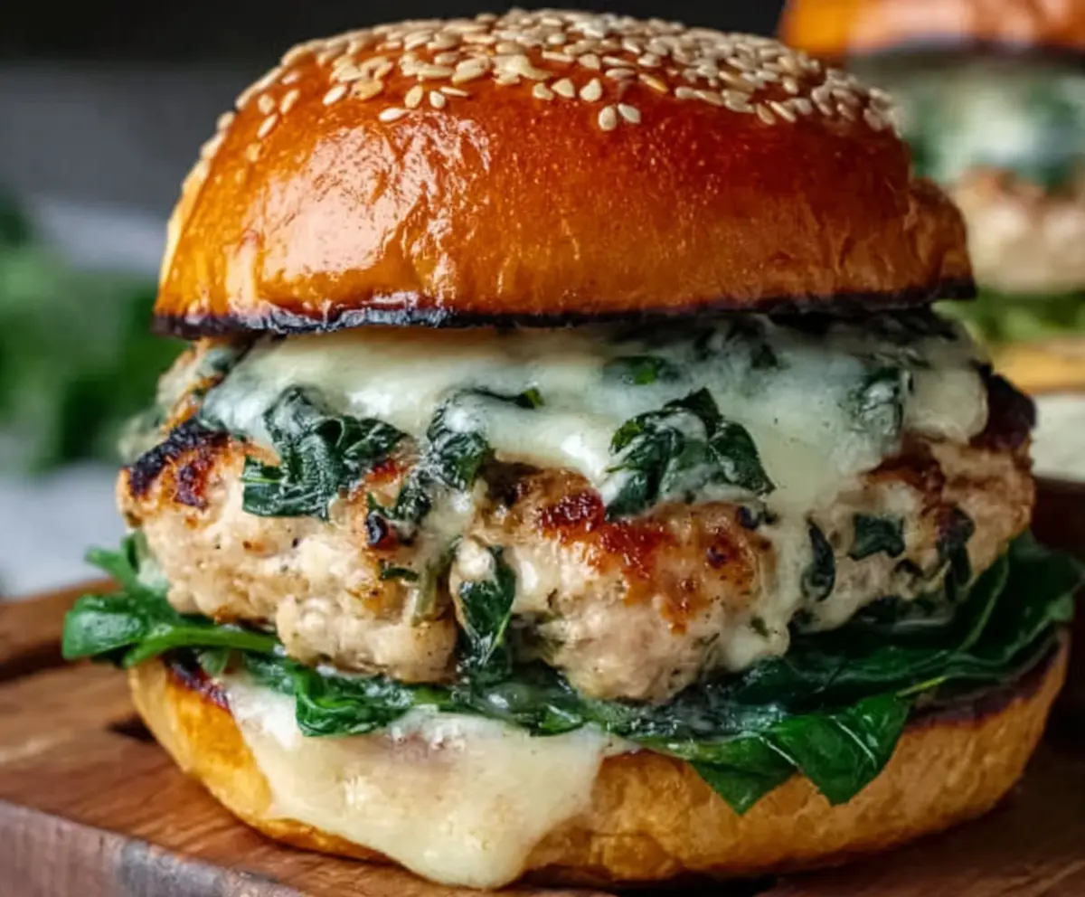 Delicious White Cheddar Spinach Chicken Burgers served with fresh vegetables