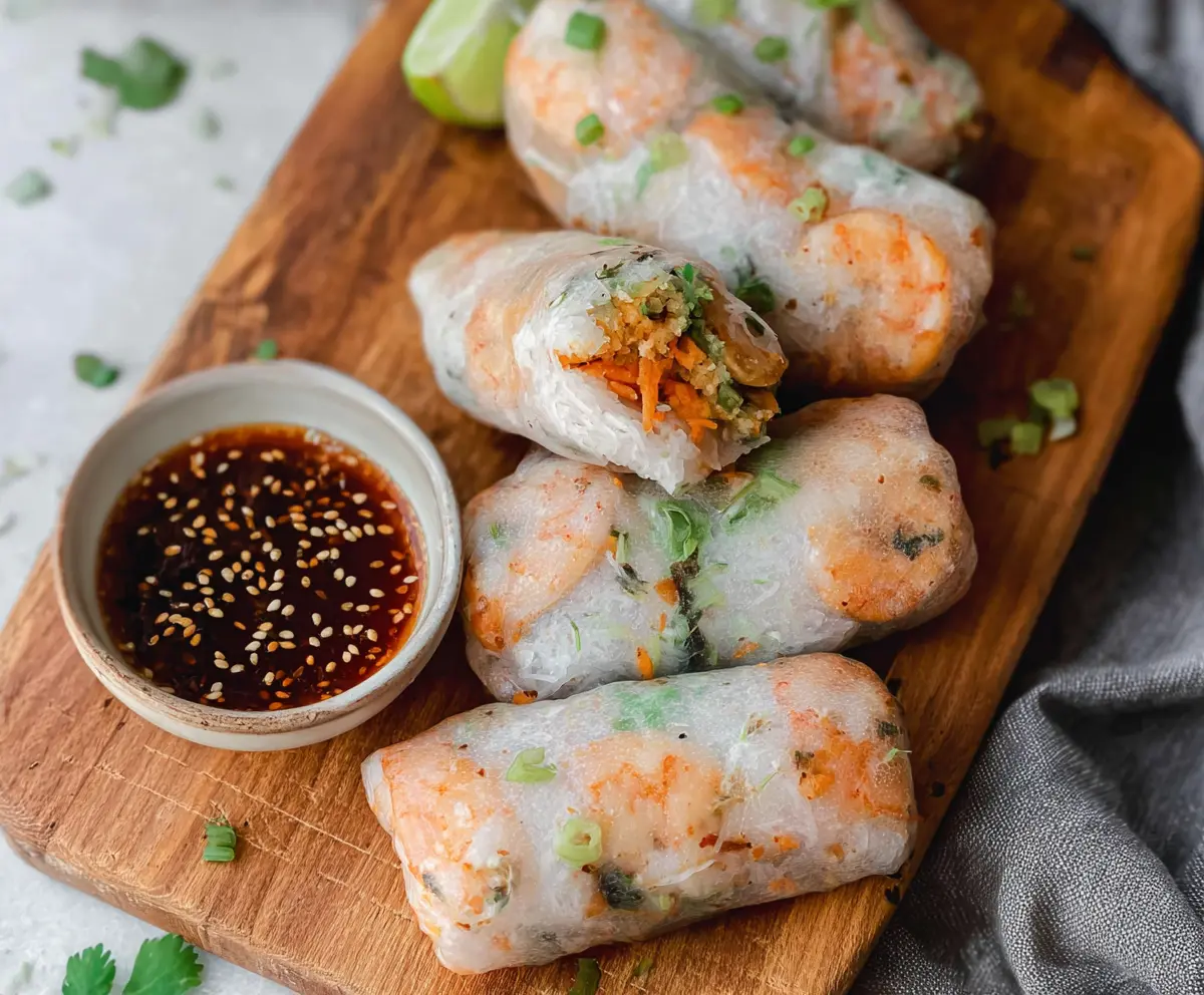 Delicious air fryer shrimp rice paper rolls with fresh vegetables on a white plate