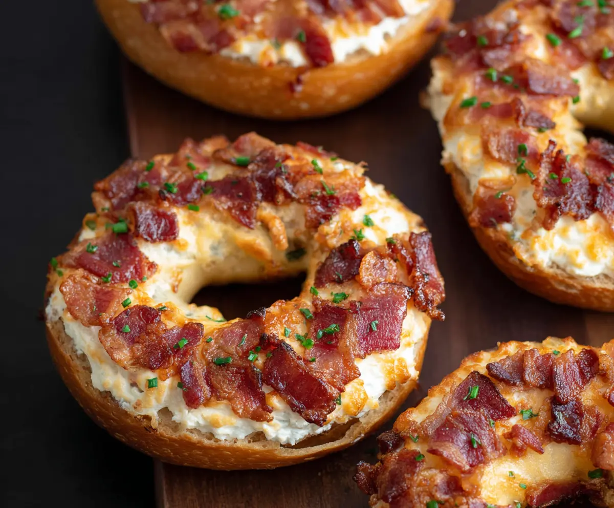 Delicious Bacon Cream Cheese Bagels with crispy bacon and creamy spread on a fresh bagel.