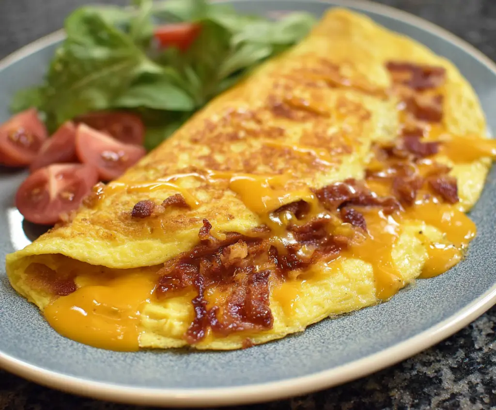 Delicious bacon, egg, and cheese omelet served on a breakfast plate.