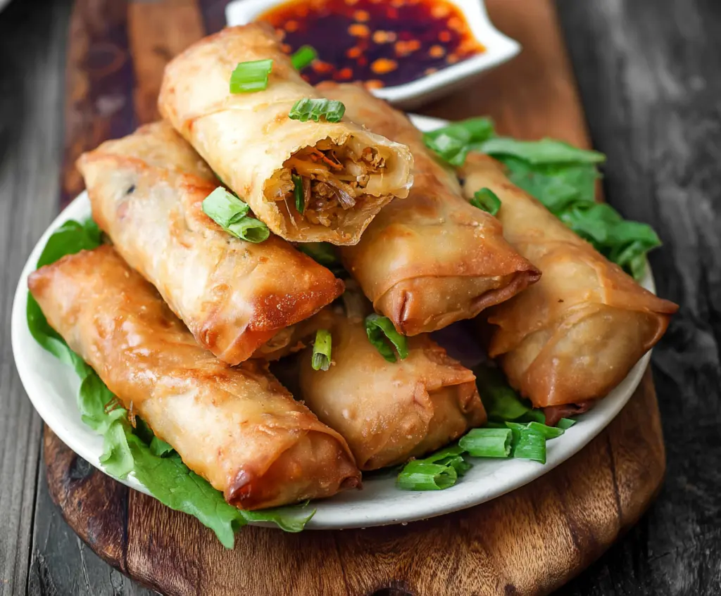 Crispy Baked Chinese Vegetable Spring Rolls with fresh carrots, cabbage, and bell peppers on a plate.