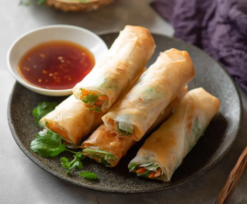 Delicious Bang Bang Vegetable Spring Rolls filled with fresh vegetables and served with a dipping sauce.