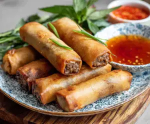 Delicious beef spring rolls with fresh vegetables and herbs, served as an appetizer.