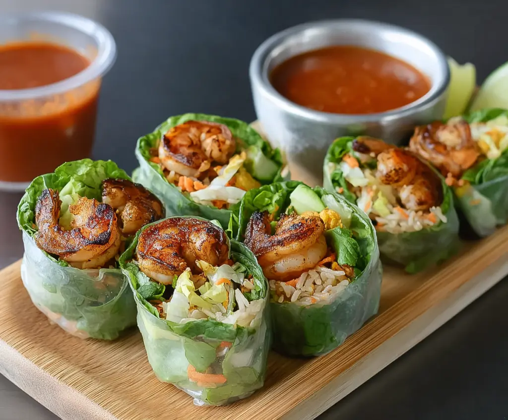 Delicious blackened shrimp spring rolls with fresh vegetables and dipping sauce.
