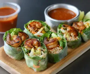 Delicious blackened shrimp spring rolls with fresh vegetables and dipping sauce.